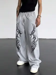 Men's Gothic Dark Style Outdoor Casual Sports Straight Leg Pants, Casual Street Style, Casual Outdoor Trouser, Menswear Fall Fashion Campus Wear, Fitted Moderate Fabric, Random Print, Casual Trousers