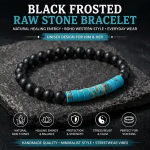 Black Frosted Stone Bracelet for Men & Women | Handmade Boho Energy Bracelet with Natural Stone Accent | Protection, Balance, Good Luck & Positive Vibes for Daily Wear