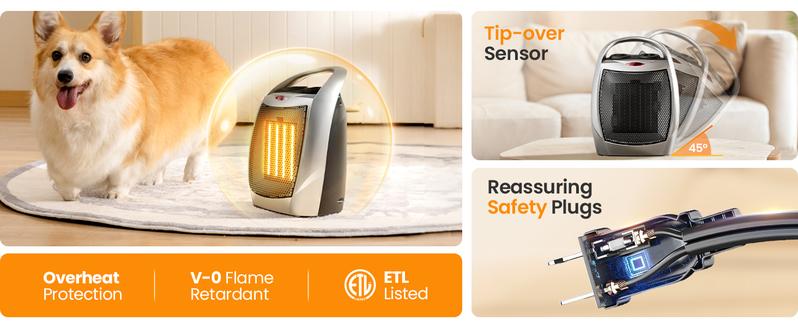 R.W.FLAME Small Space Heater for Indoor Use, Electric Ceramic Space Heater, Portable Heaters Fan for Office and Bedroom with Adjustable Thermostat ETL Listed,1500W