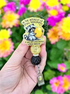 Sarcastic Badge Reel | Beaded Badge Reel | Nurse Glitter Id Holder | Raccoon Badge Reel | Funny Badge Reel | Not Easy Peasy Lemon Squeezy