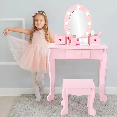 Kids' Lighted MDF Wood 3-Piece Makeup Vanity Desk Set with Mirror, Stool Chair, Drawers, Round Edges - 37x23.6x11.8" Dressing Furniture for 4-9 Girls, Assembly Required, Playroom/Bedroom Gift for Birthday/Christmas Gifts for Kids