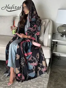 Hafizah Printed Shawl Outerwear, Loose-Fitting Dubai Robe, Chain Print Fashion Long Dress, All-Season Women's Clothing, Womenswear