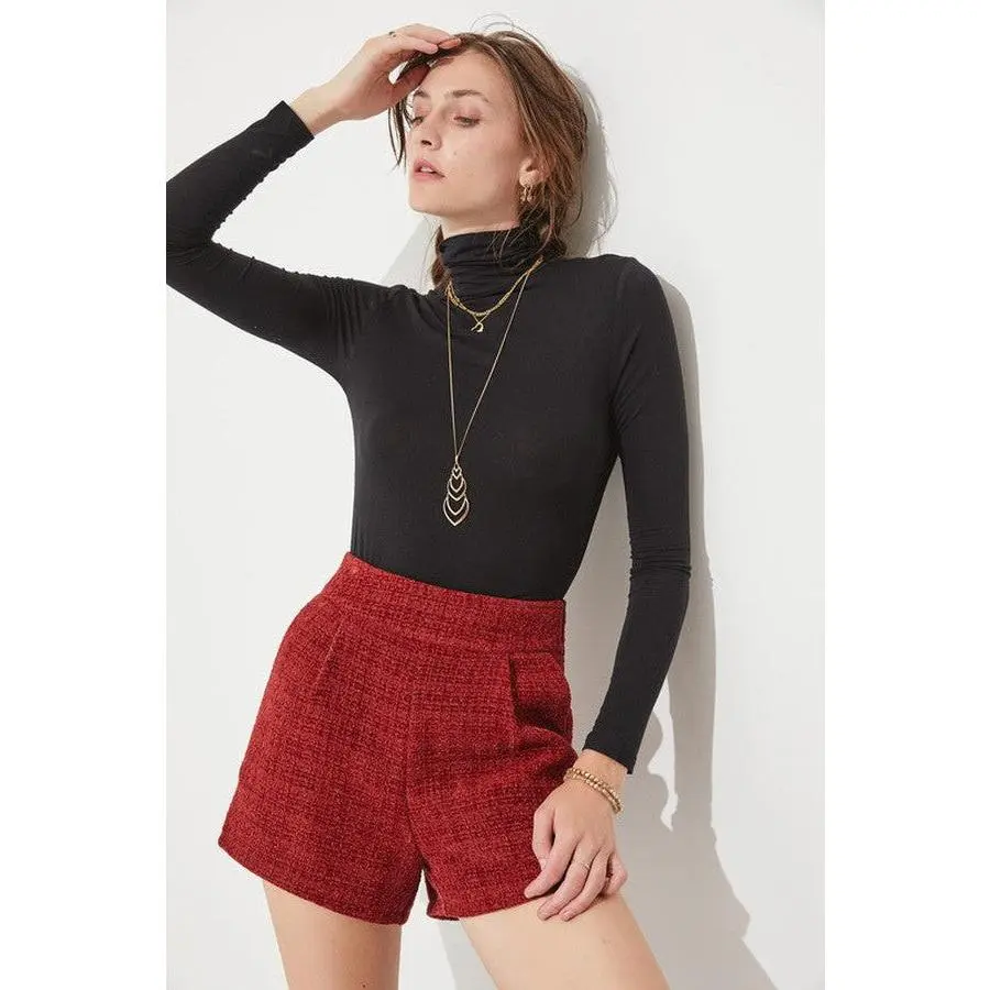 Pleated Textured Tweed Fabric Mini Shorts Pockets