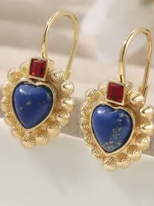 Vintage Heart Pendant Earrings, Ear Hook Design, Synthetic Turquoise Inlay, Luxurious Elegant Women's Accessory, Perfect Gift for Holidays, Turquoise Dangle Earrings