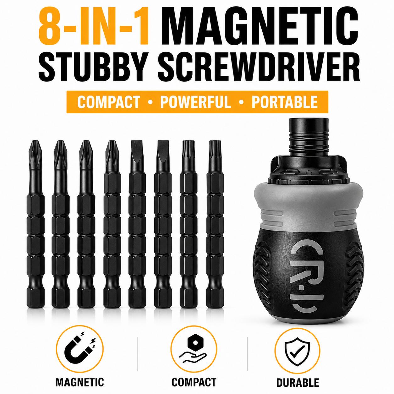 Magnetic Screwdriver Combo - 8 Bits Compact Multi-Tool with Flat-Head Screwdriver Bits, Pocket-Size Gadget for Home Maintenance, Home Improvement