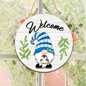 1 Set Gnome Wooden Decorative Plaque & Ornament - Welcome Round Door Hanger - Interchangeable Seasonal Decor - Suitable for Homes, Offices & Cafes - Decoration for Thanksgiving, Halloween & Christmas