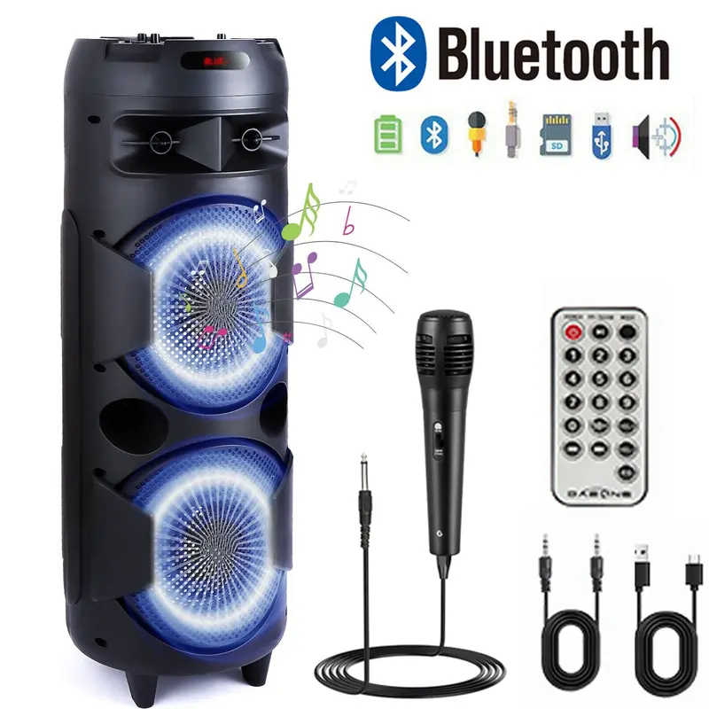 DAZONE Portable Bluetooth Stereo Speaker with Dual 6.5" Woofers, Microphone, Remote Control, AUX, FM Radio, LED Lights, Karaoke Functionality, Cable, USB, Memory Support, 1.2-2 Hours Music Setup