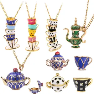 Fashion Enamel Tea Cup Earrings & Long Pendant Sweater Chain