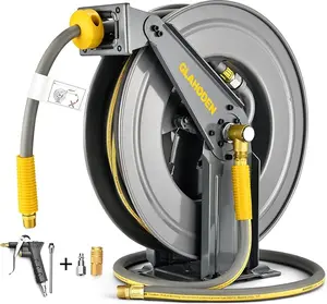 GLAHODEN Retractable Air Hose Reel, 3/8 IN x 50 FT Hybrid Air Hose Max 300PSI, Air Compressor Hose Reel with 5 In Lead in, Ceiling / Wall Mount Heavy Duty Double Arm Steel Reel
