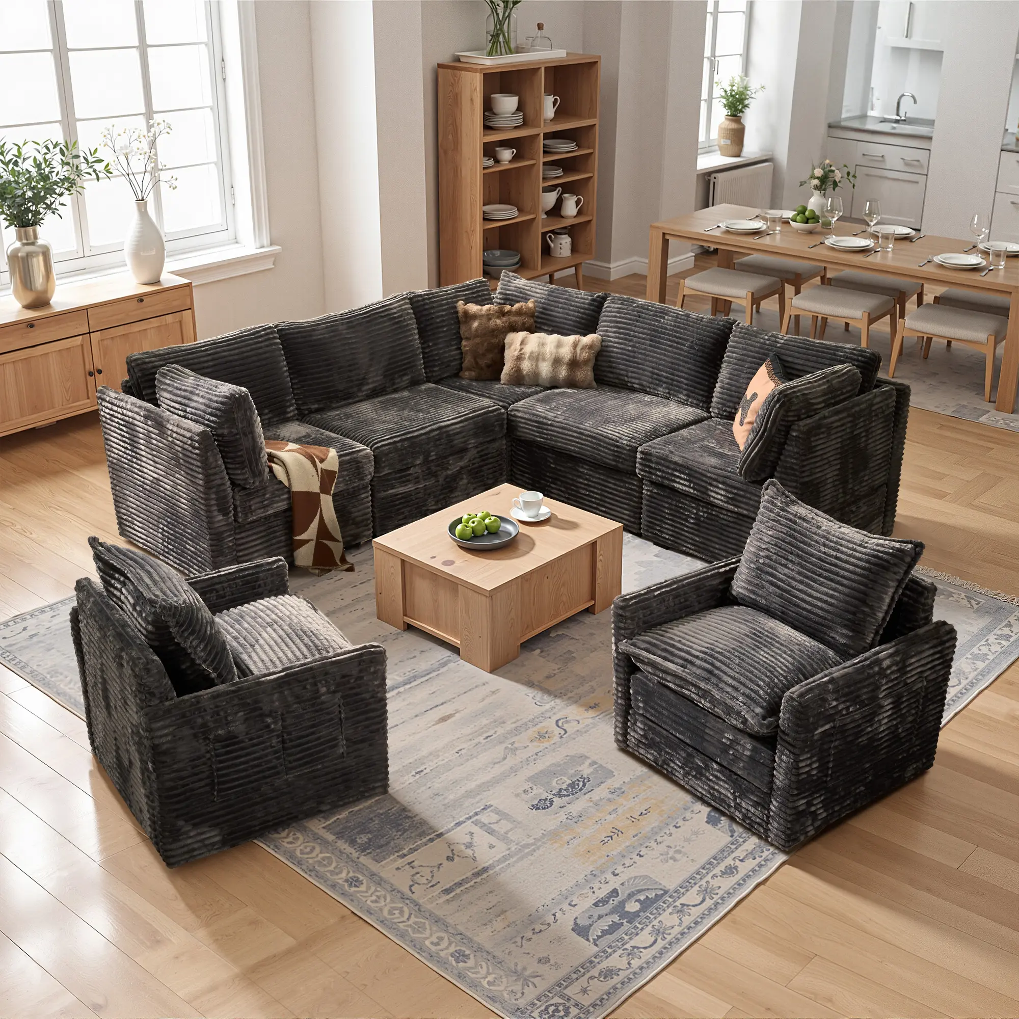 Oversized 7PCS Modular Cloud Sectional L Shaped Sofa With 2 Swivel Chair Couch Set,Comfy Cloud Couch Sectional Sofa With Removable Ottoman,Deep Seat With Throw Pillows for Living Room,Easy Assembly,Free Combination