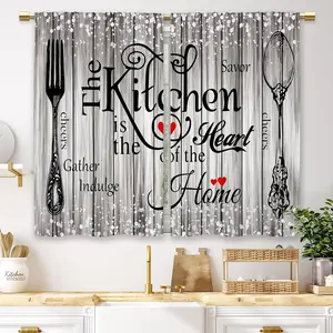 2pcs Country Cottage Kitchen Curtain Set with Culinary Print, 100% Polyester Fabric, Rod Pocket Design for Kitchen & Living Room Decor
