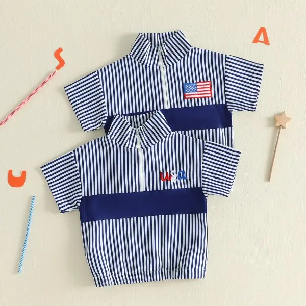 Toddlers' Fourth of July Collared Short-Sleeve Jacket - Polyester, Breathable Fabric, Flag Embroidery, Zipper Closure, Casual Wear, Cold Wash Compatible, 12-18 Months, Zipper Front, 2-3 Years