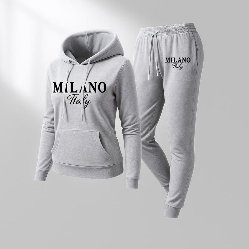 Women's MILANO Print Hoodie And Drawstring Track Pants Set, Casual Sportswear, Long-Sleeved Hooded Jacket And Pants, Suitable For Autumn And Winter, Everyday Wear, Indoor And Outdoor Sportswear, Casual Sportswear.