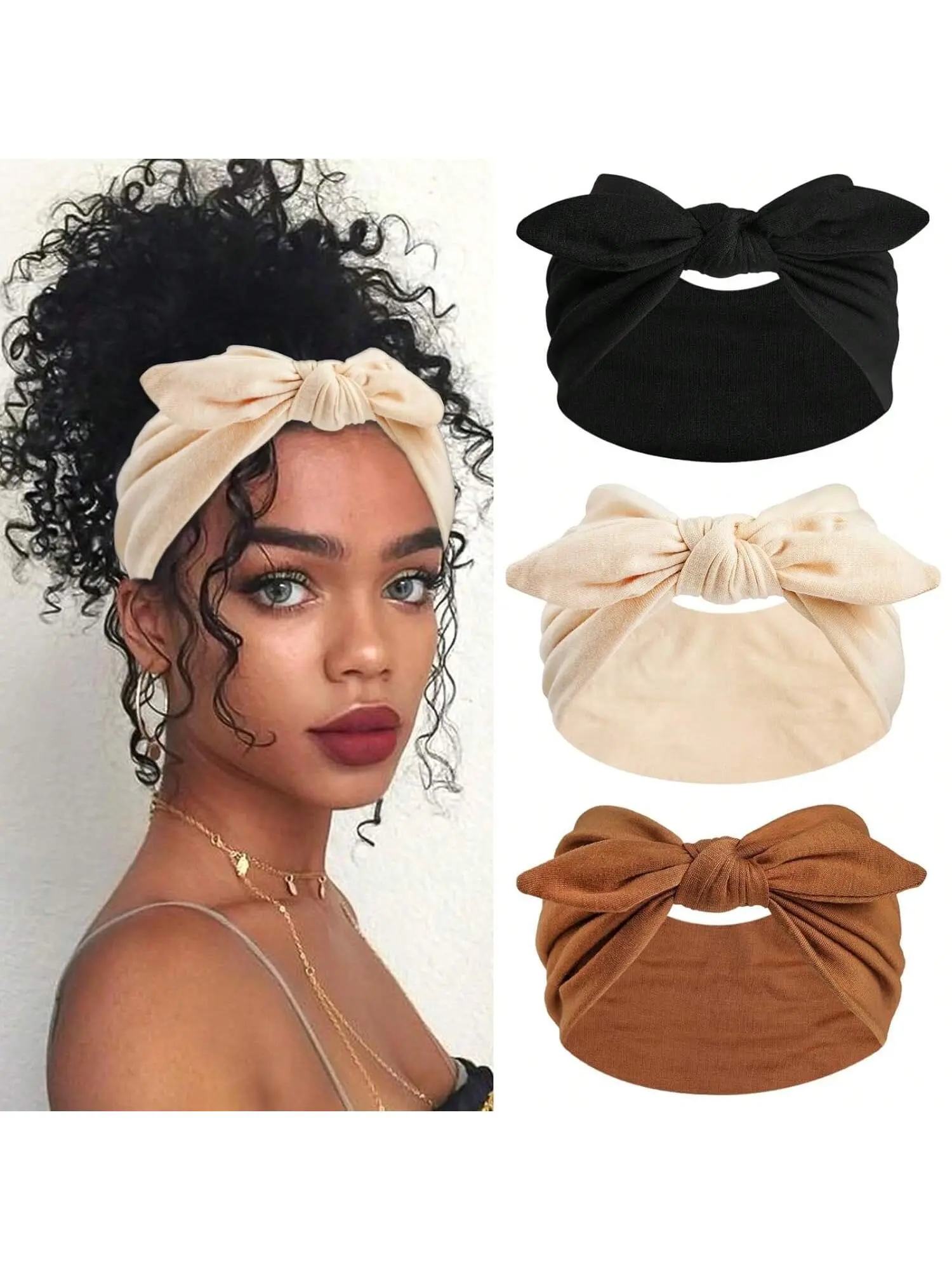 Boho Style Women's Bow Bunny Ears Rabbit Ear Headband for All Seasons, Solid Color Elastic Hair Accessory for Yoga and Outdoor Sports, Bows Headbands, Workout Headband, Fashion Headbands, Bunny Earbands, Stretchy Headbands, Hairbands