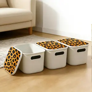 3-Piece Cover White Plastic Storage Box with Cute Printed Wild Leopard Pattern, Modern Nordic Style Dustproof Rectangular Storage Box, Suitable for Desk, Bookshelf, Wardrobe - Multi functional Home and Office Storage (25x18x16cm/9.8x7x6.3 inches)