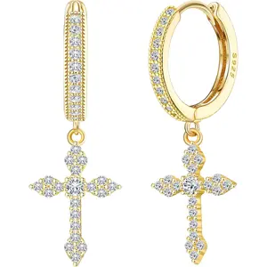 FIASASO 925 Sterling Silver Cross Earrings for Men Women Dainty CZ Huggie Hoop Earrings Iced Out Cross Dangle Earrings Lightweight Huggie Cuff Dangle Earrings for Men Women