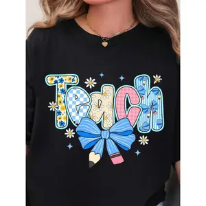 Preppy Teacher Floral Coquette Shirts, Teach Blue Floral Tee, Preppy Teacher Tops, Pencil Bow Teacher Checkered T-Shirts