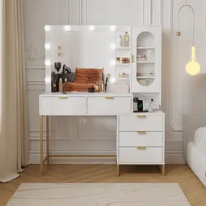 Modern White & Gold Wavy Striped Makeup Vanity Table, Illuminated Mirror with Built-In Lighting, Bedroom Dressing Desk with 5 Storage Drawers and Integrated Power Charging Station