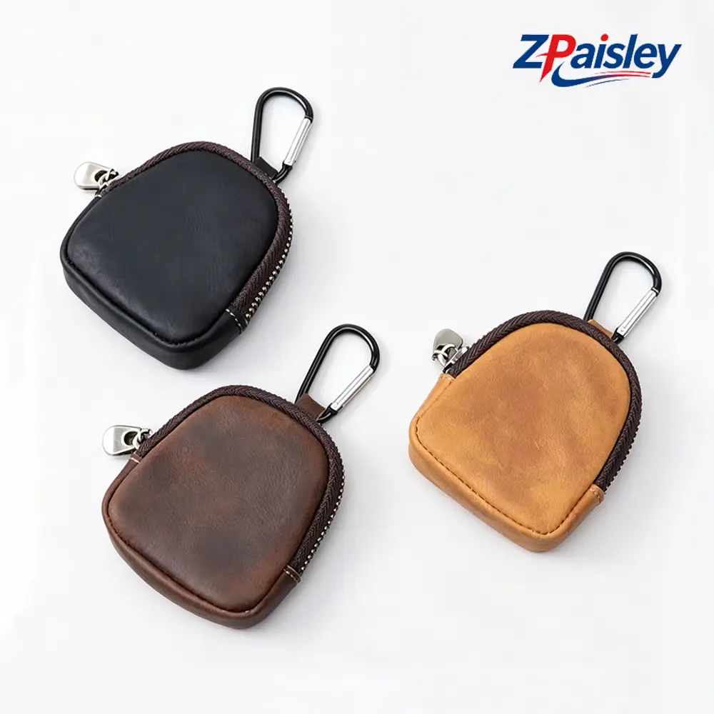 1Pc Genuine Leather Mini Pouch with Carabiner Clip, Zipper EDC Coin Purse & Earbud Case, Portable Organizer for AirPods Keys Coins Travel Hiking Everyday Carry