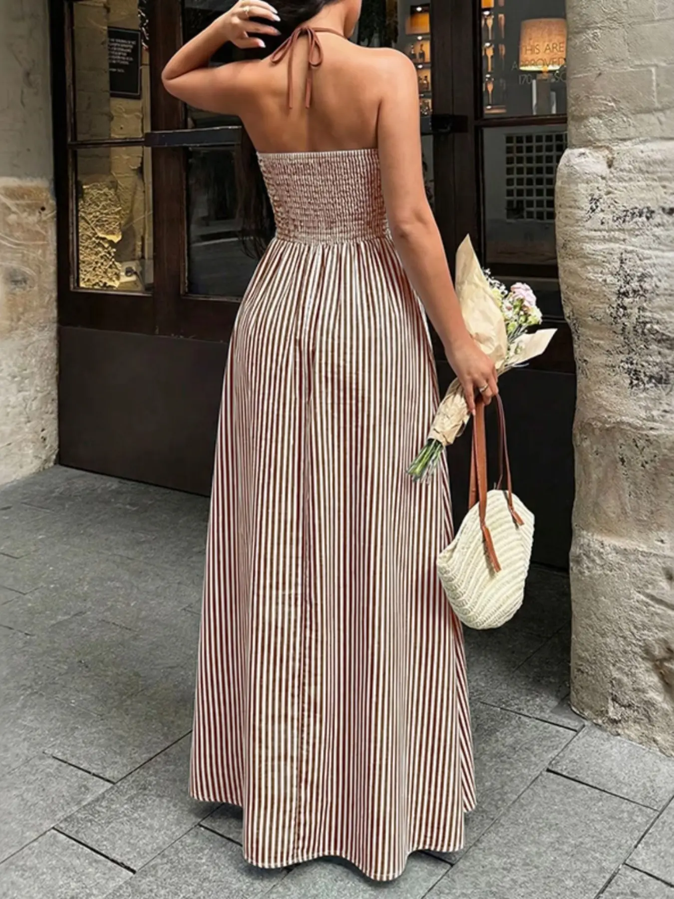 Women's French Vacation Stripe Halter Dress, Chic Deep V Waist Cinch Color  Block Long Floor-Length Beach Skirt. - TikTok Shop