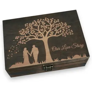 d Wedding Memory Box- Wooden Keepsake Box for Bride & Groom, Letters, Photos, First Anniversary and Valentine's Day , Personalized Rustic Storage, Medium Size, Dark Walnut - 8.5 x 6 x 3 in