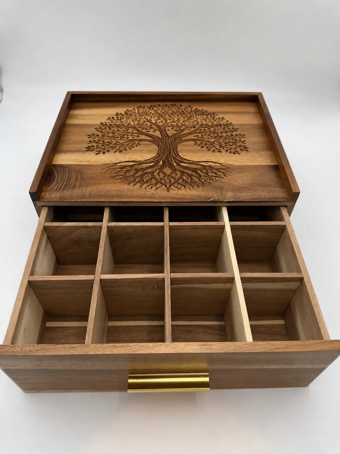 Personalized Acacia Wood Tea Box Organizer, Custom Engraved Tea Storage Drawer, Tea Lover Gift, Kitchen Tea Chest, 12 Compartments
