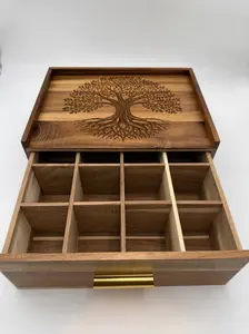 Personalized Acacia Wood Tea Box Organizer, Custom Engraved Tea Storage Drawer, Tea Lover Gift, Kitchen Tea Chest, 12 Compartments