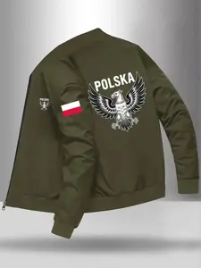 Men's Polish Eagle Jacket, Full Zipper Closure, Baseball Collar Design, Flag and Coat of Arms Pattern, Casual Formal Outerwear