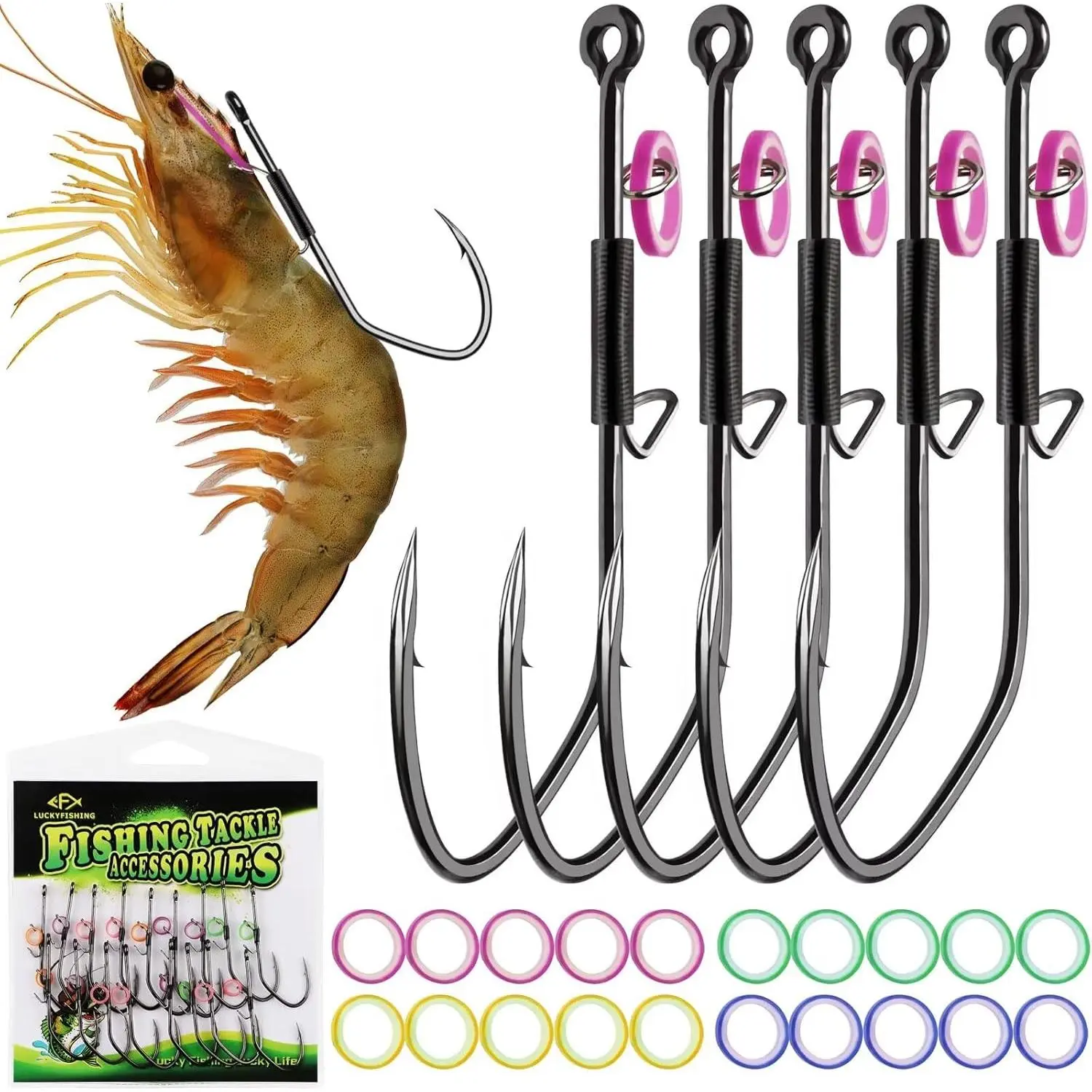20 Pack Live Shrimp Hooks, Sturdy High-Carbon Steel V-Hooks, 3X Strong No Piercing Design with Epoxy Resin Bonded Clips & Flexible Weedless Guard for Saltwater or Freshwater Trout Fishing - Sizes 1/0-3/0, 1/0-20 Pcs, No Damage, Secure Hold, V-Shaped, Mult