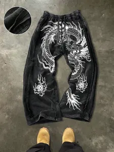 Men's Casual Cotton Sports Pants, Dragon Print, Ankle Length, Drawstring Waist, Street Style, All Seasons, Ideal for Outdoor & Parties, Athleisure Pants