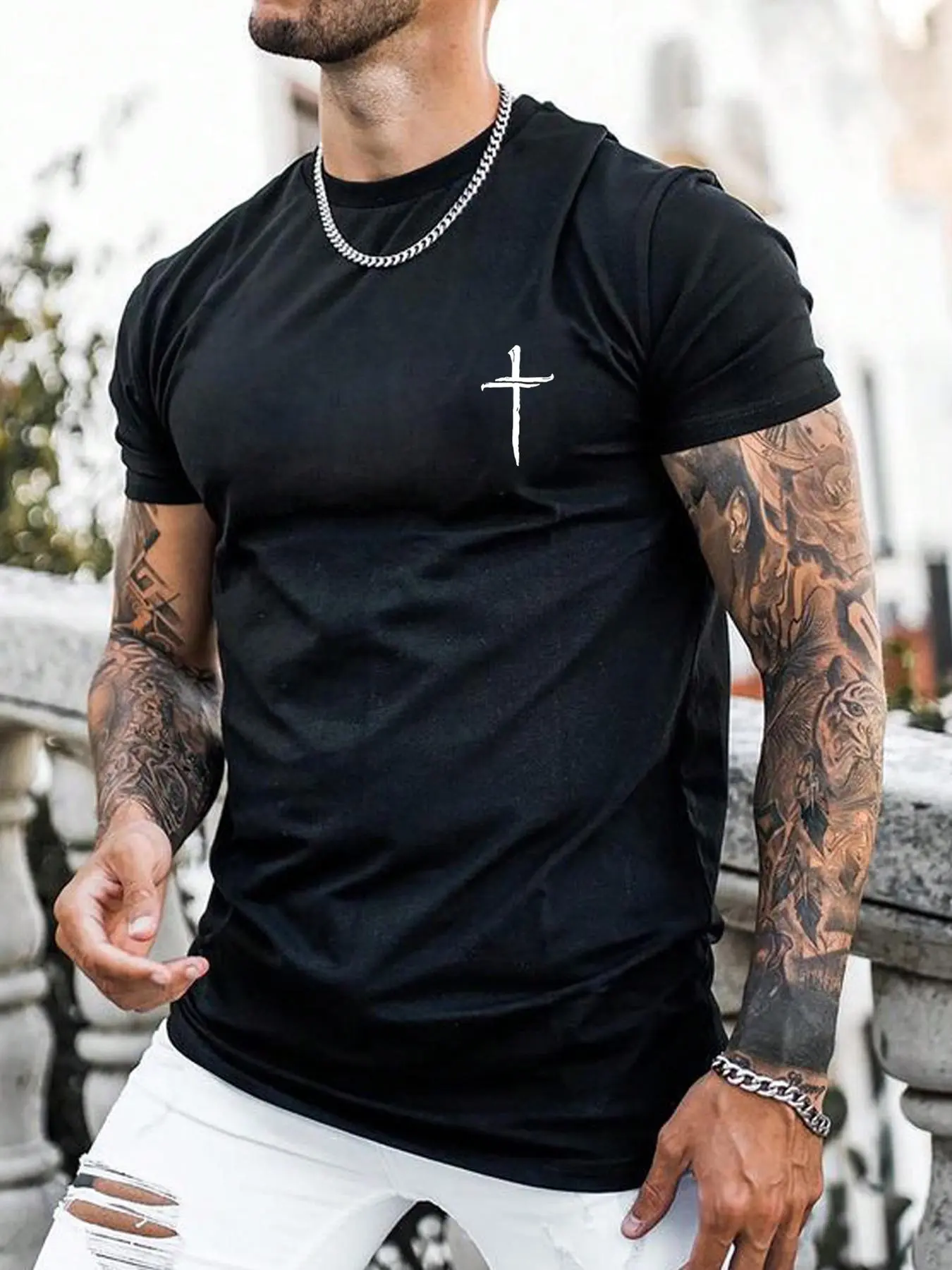 Unisex Classic Graphic T-shirt, 100% Cotton Shortsleeve Cross Print Tee for Men, 90s Style Streetwear Top, Tshirt, Fabric, Casual Fit, 90S Kid Aesthetic, Advanced Digital Printing, Chic