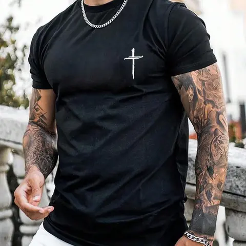 Men's Classic 100% Pure Cotton Short Sleeve Graphic T-Shirt - Round Neck Cross Print, 90s Streetwear Kid Aesthetic, Advanced Digital Printing, Soft Fabric, Casual Regular Fit, Retro Chic Menswear Daily Top