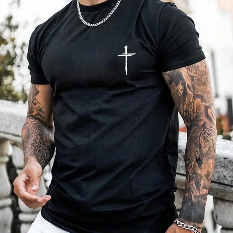 Men's Classic 100% Pure Cotton Short Sleeve Graphic T-Shirt - Round Neck Cross Print, 90s Streetwear Kid Aesthetic, Advanced Digital Printing, Soft Fabric, Casual Regular Fit, Retro Chic Menswear Daily Top