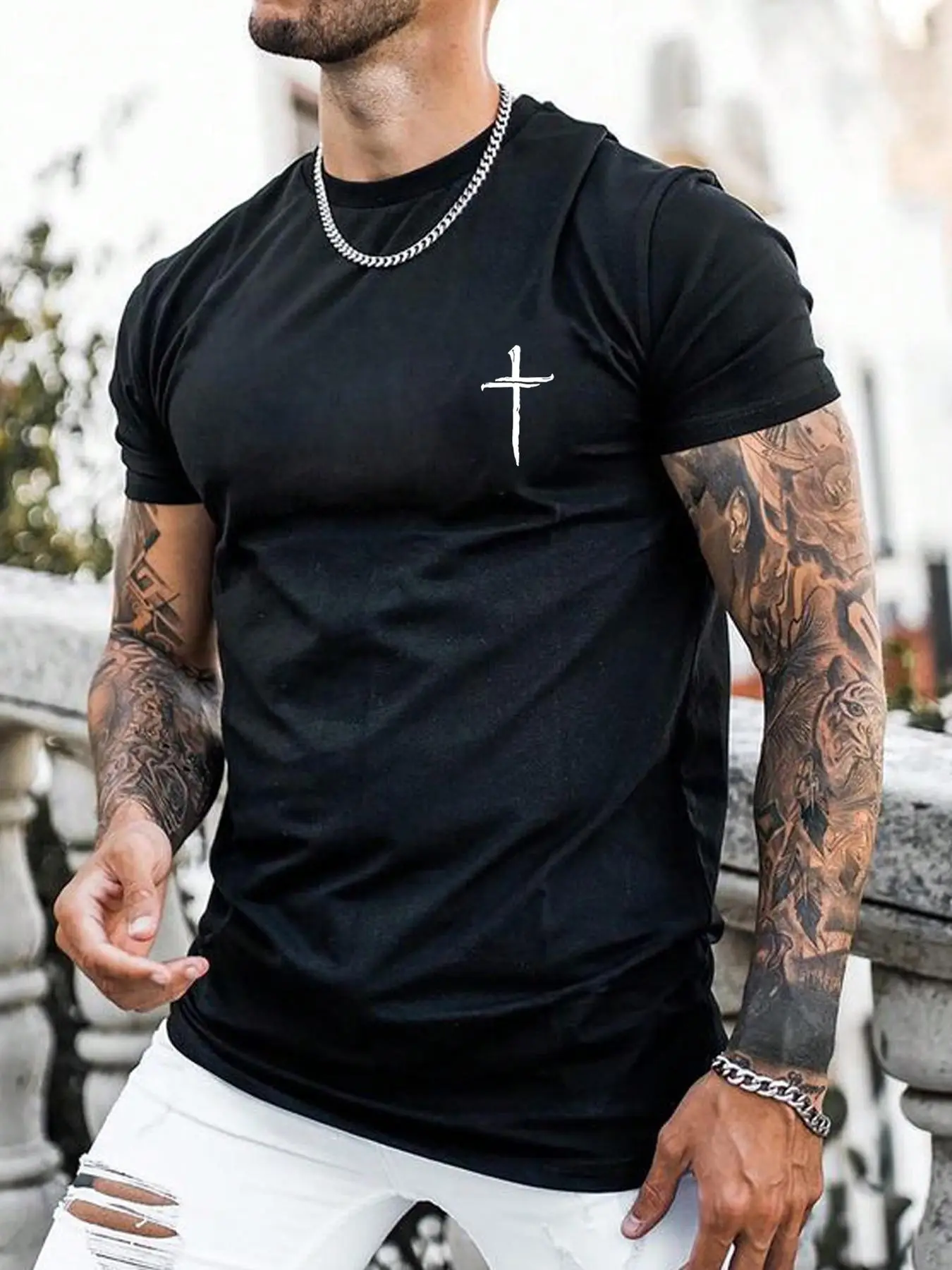 Men's Regular Fit Cross Print Short Sleeve Tee, Casual Graphic Round Neck T-Shirt for Summer, Fashion Men's Top for Daily Wear