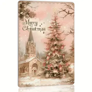 Vintage Christmas Metal Tin Sign Featuring Snowflakes Trees and Holiday Greetings for Farmhouse Home and Office Decor