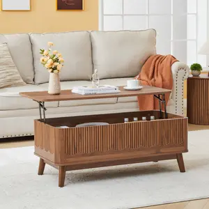 Giratree Mid Century Lift Top Coffee Table with Hidden Storage, Fluted Wood Coffee Table with Curved Wave Design, Rising Tabletop Center Table for Living Room & Small Spaces