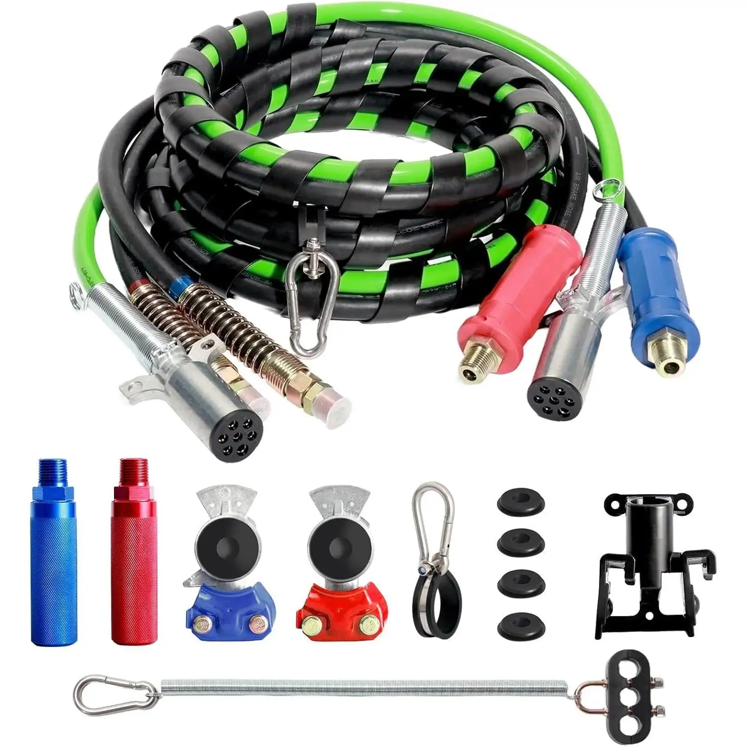 Semi Air Line Kit - 12FT 3 In 1 Air  Hoses & Power Air Line Wrap 7 Way Trailer Cord With Gladhands,Handles,Holder,Tender Spring Kit,Seals For Semi  Trailer Tractor
