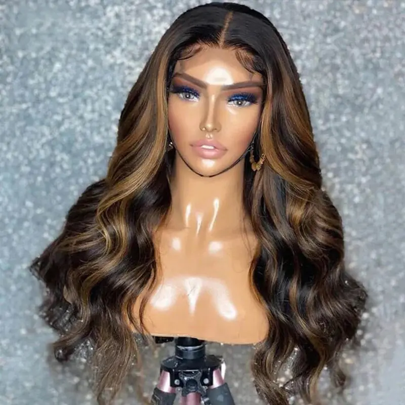 Body Wave Hightlight Brown Lace Frontal Human Hair Wigs 13X4 HD Transparent Front Wig With Baby Hair Pre Plucked With Adjust Strap Balayage Wig For Woman 180% Density