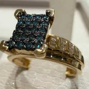 14K Gold Blue Diamond Square Statement Ring.