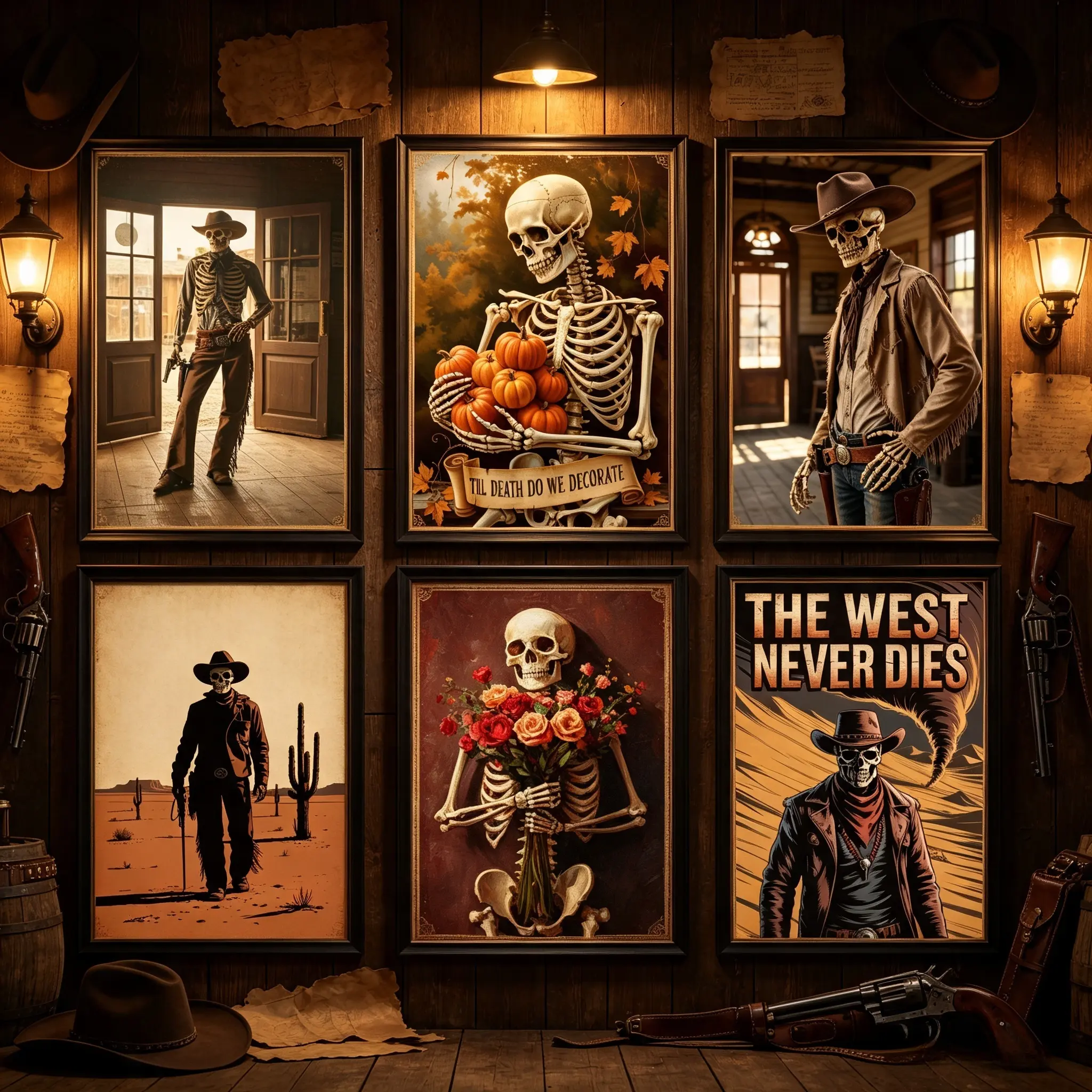 Western Skeleton Cowboy Canvas Wall Art Wild West Skull Portrait Poster The West Never Dies Retro Western Art Man Cave Garage Bar Halloween Home Decor Gift