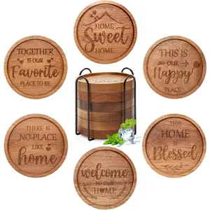Best House Warming Gifts Acacia Wooden Coasters for Drinks Coffee Table Coaster Set of 6 Pack Farmhouse Decorations Family New Home Housewarming Decor Cute Cup Wood Coasters with Holder
