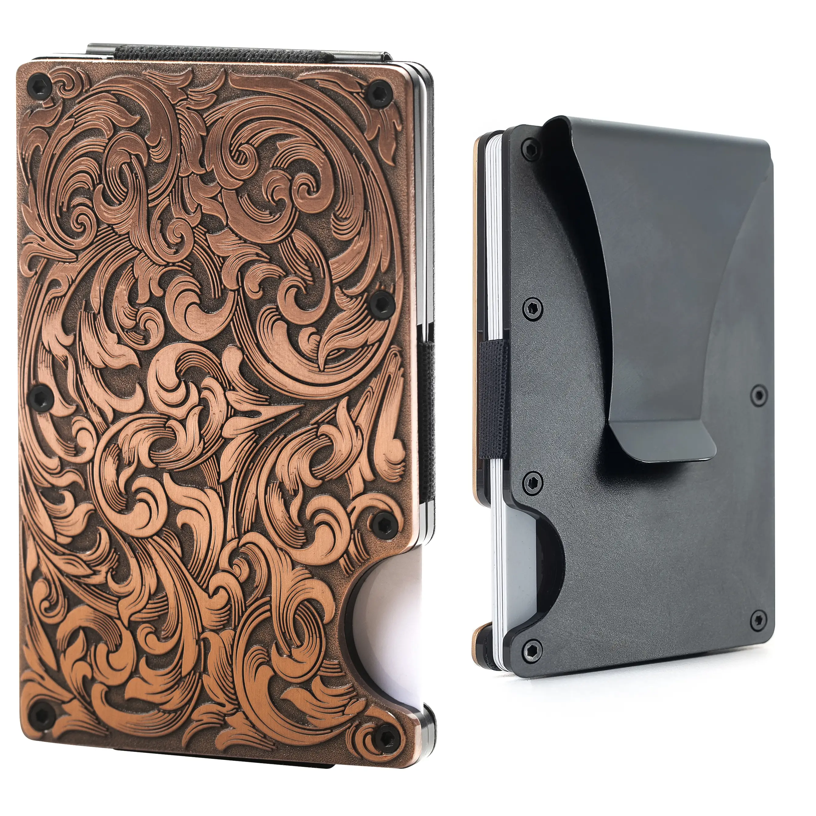 Western Floral Slim Wallet Card Holder with Money Clip for Men Zinc Alloy Antique Copper Filigree Design RFID Protection Travel Friendly