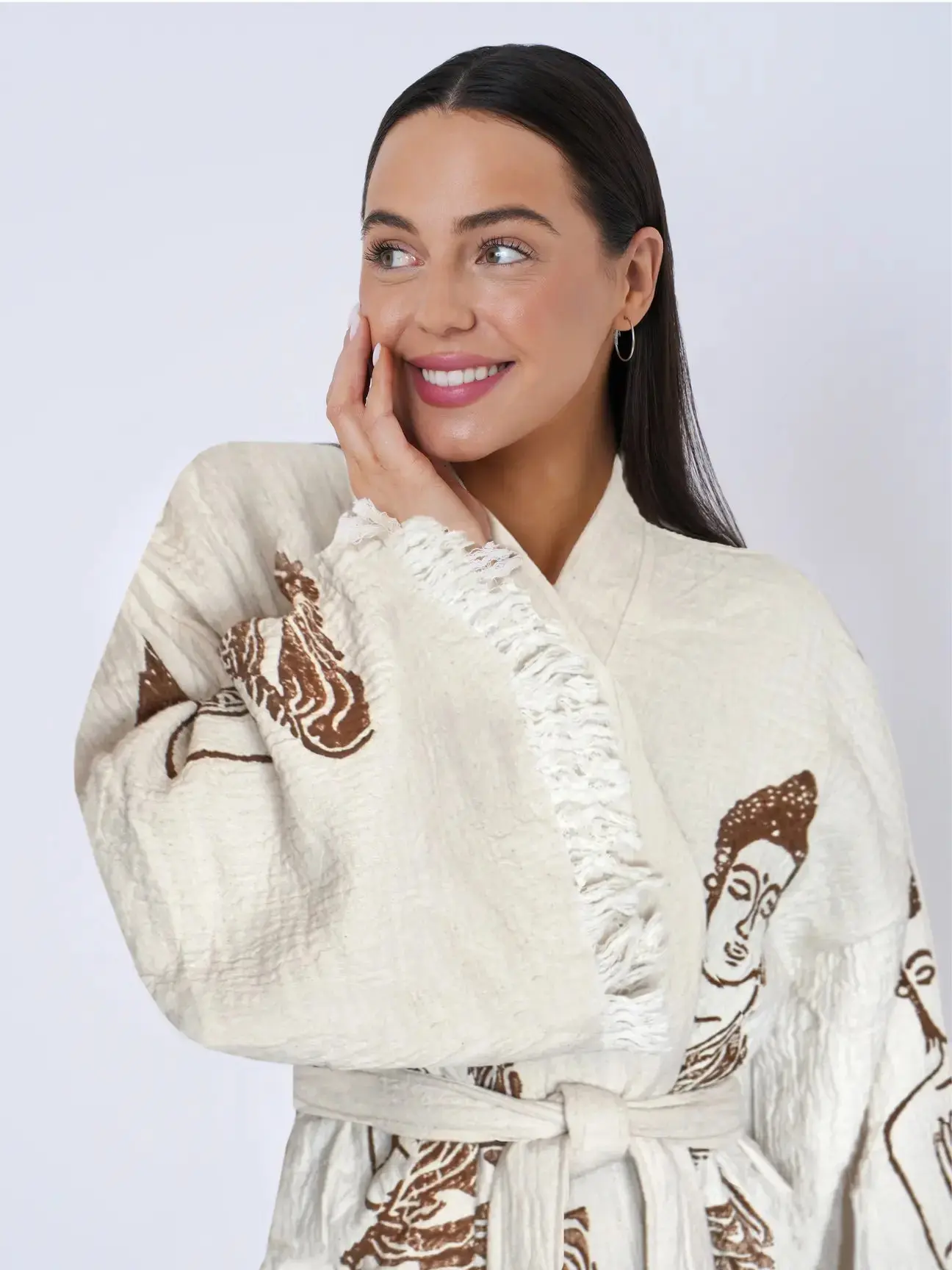 One Size Women’s Robe Buddha Organic Cotton Kimono Beige Brown
