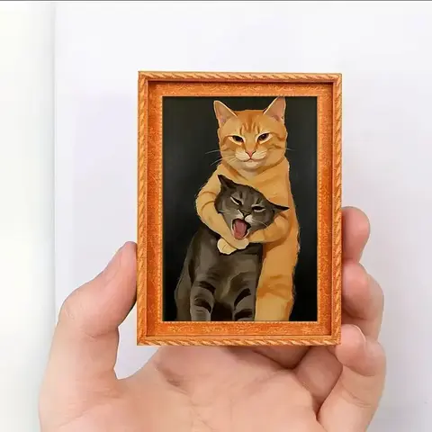 Oval Cute Fridge Magnet - Mini Cat Framed Art Painting with Full Magnetic Backing - Kitchen Decor Gift Idea for Girlfriend, Coworker & Cat Lovers - Office Whiteboard, Locker Decor, Cute Fridge Magnets, Resin Frame, Gothic, Whimsical Room Decor