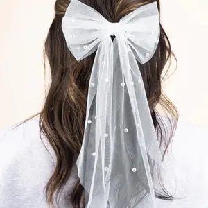 White Crystal Avenue Tulle & Pearl Hair Bow