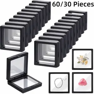 30/60pcs Black Plastic Frame 3D Floating Jewelry Display Boxes With Clear Panels, Secure Clasp Closure & Fabric-Lined Interior, Home & Jewelry Making Organizer, Jewelry Boxes, Coin Collector'S Choice, Best Gifts For Independence Day