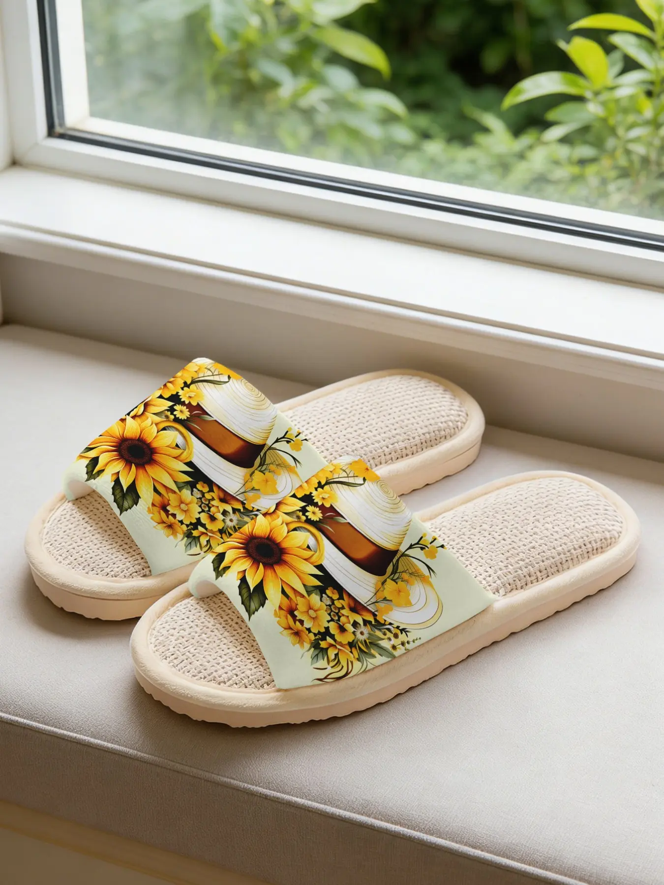 Women's Home Slippers, Sunflower Coffee Cup Floral Print, Soft Eva Sole, Non-Slip Quiet, All-Season Casual Footwear