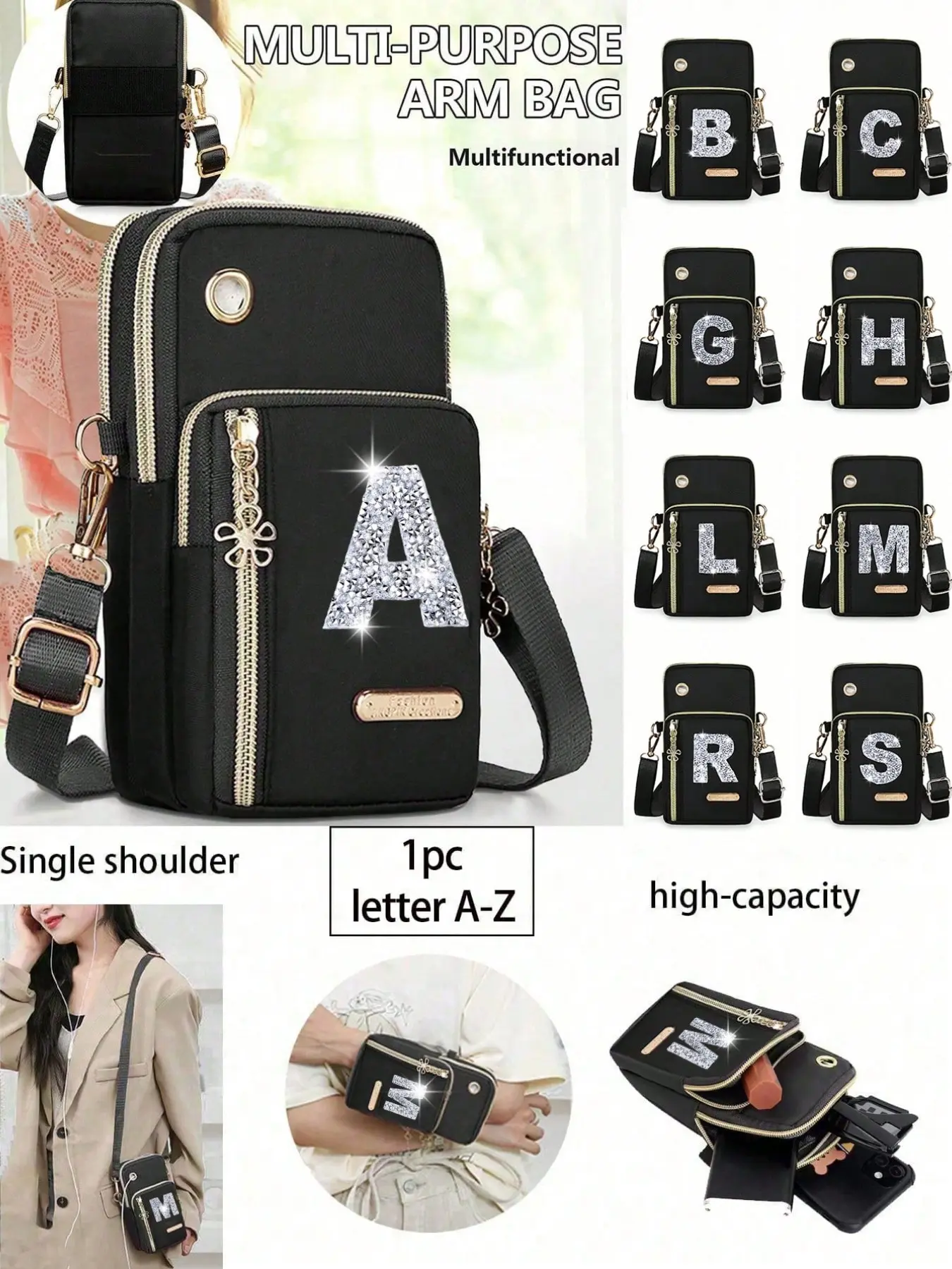 Women's phone bag, diamond towel letter style, letters A-Z, mini crossbody bag, women's vertical coin purse, mini casual crossbody phone bag with earphone hole, suitable for office, birthday gift, Valentine's Day gift, Fashionable unique bags