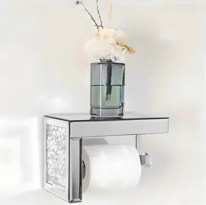 Crystal Crush Diamond Toilet Paper Holder with Mirrored Shelf. Silver Modern Toilet Paper Holder Wall Mounted, Glamorous Mirror Toilet Paper Roll Holder for Bathroom Washroom.