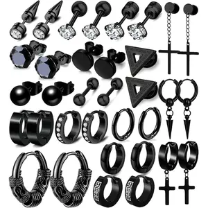 17 Pairs Earrings for Men, Stainless Steel Earrings For Men  , Fashion Earring Piercing  Cross Dangle Hoop Earrings Kit Studs Long-lasting Shine